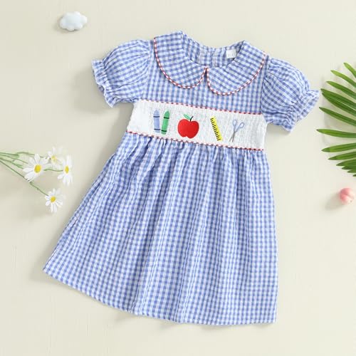 Little Girl Back to School Dress Doll Collar Embroidered Plaid Smocked Dresses Short Sleeve A-line Sundress4