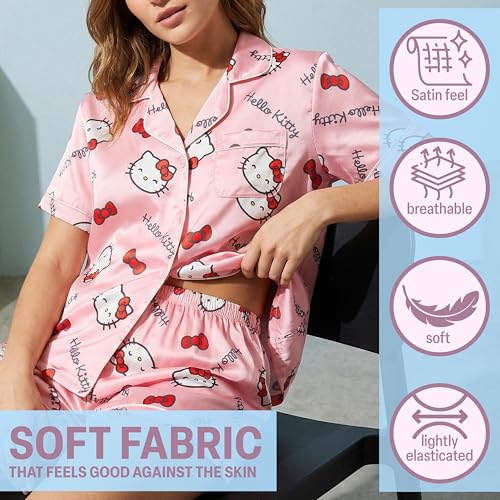 Image of Get Trend Hello Kitty | Kuromi | Pusheen Women's Pajama Sets, 2 Piece Button Up Shirt & PJ Shorts, Soft Kawaii Lounge Sets