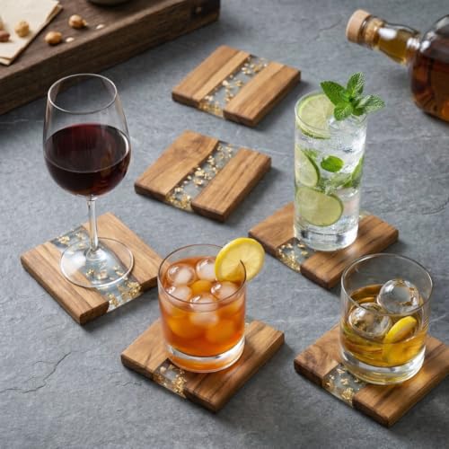 Image of Coaster Set of 4 for Dining Table with Holder (Golden Elegance with Holder)