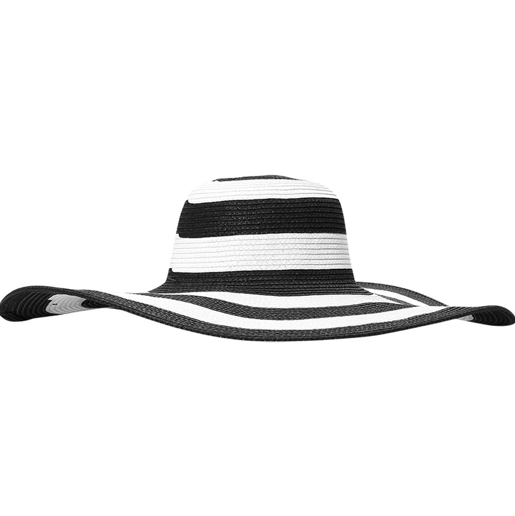 QUUPY Lady Grils - Sombrero de playa plegable a rayas blancas y negras, sombrero de paja a rayas blancas y negras, sombrero de playa plegable de ala ancha, blanco