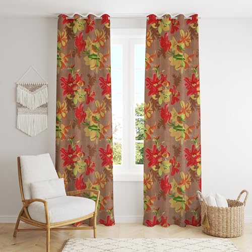Image of Digital Printed Big Flower Eyelet Polyester Curtains - Red, 7 Feet, Pack of 2