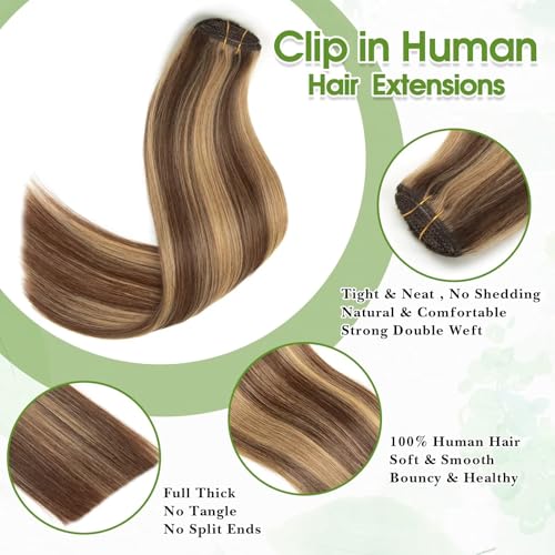Image of Clip in Hair Extensions Real Human Hair Balayage 14inch Chocolate Brown and Honey Blonde Human Hair Clip in Extensions 100% Human Hair Highlight Seamless Clip ins Extension for Women 8pcs Double Weft