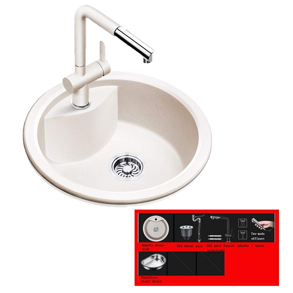 ZQFHSX Kitchen Sinks Fixtures Round Single Basin Sink Quartz Stone Mini Cutlery With Telescopic Faucet (Color : Oat color, Size 43.5 * 19.5cm)