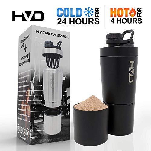 HydroVessel Vacuum Insulated Hot/Cold Protein Shaker Water Bottle (Black) ● 20oz Blender +