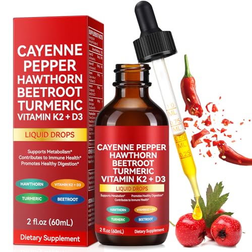 Cayenne Pepper Liquid Drops 60ml Cayenne Pepper Supplement with Turmeric Beetroot Hawthorn & Vitamins D3 K2 for Wellness Support Easily Absorbed