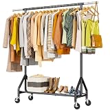 HYSEYY Heavy Duty Clothes Rack Load 450 LBS, Metal Garment Rack, Standing Rolling Clothing Rack for Hanging Clothes with Sturdy Wheels & Shelves, Portable Closet Wardrobe Rack,Black