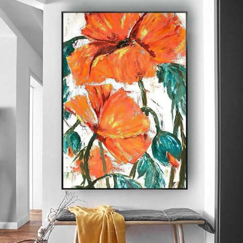 Toile florale orange moderne 60x80cm, affiche de peinture abstraite nordique encadrée