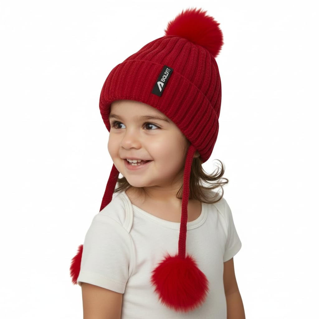Boldfit Kids Winter Cap (1-4 Years) Soft Knit Woollen Skull Cap for Children Warm Beanie for Kids for Outdoor, Ski, Cycling, Cold Weather Protection Kids Winter Wear Beanie Hat Pom Pom