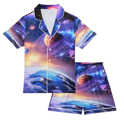 ALAZA Starry Sky Earth Planet Satin Pajamas Set Short Sleeve Button Down Sleepwear Summer Pjs 2 Piece