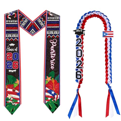Silkovahamd Puerto Rico Graduation Stole 2026 - Puerto Ricans Flag Graduation Sash Class of 2026 Coqui Frog Ribbon Leis with Pin for Graduates International Student Accessories