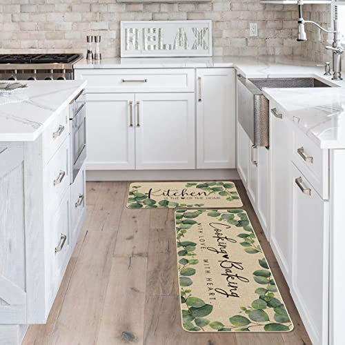 Artoid Mode Eucalyptus Leaves Kitchen Mats Set Of 2, Kitchen Is The Heart Of The Home Cooking With Love Baking With Heart Decorations For Home Kitchen 17 X 29 And 17 X 47 Inch #TOP24