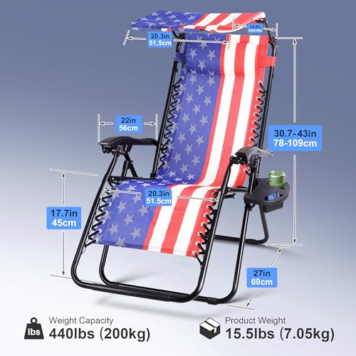 Colorsoul Zero Gravity Chair, Folding Outdoor Recliner, Adjustable Patio Lounge Chair with Canopy Shade, Side Cup Holder Tray, Removable Headrest, for Lawn, Beach, Support 400lbs, (American Flag) by Colorsoul - Image 2