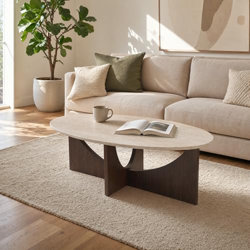 Honyee Oval Coffee Table 47 Inch for Living Room, Travertine-Look Center Table with Wood Base, Large Beige Oval Coffee Tables for Home Apartment Small Spaces