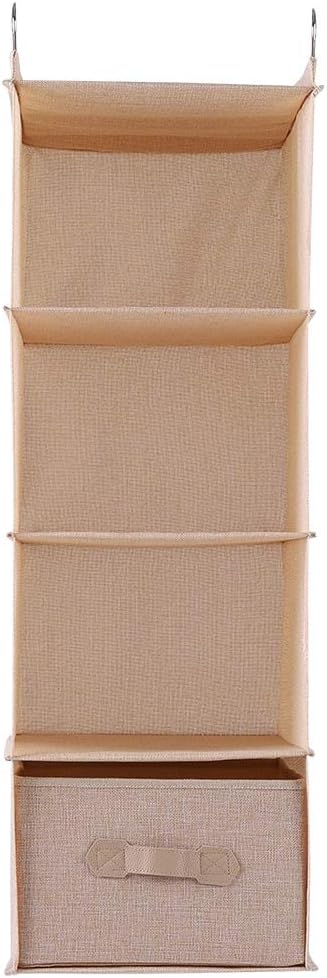 Hanging Closet Organizer with 4 Shelves and Drawer, Wireless Closet Storage Organizer for Clothes, Foldable Fabric Storage Holder with Rotatable Hanger for Bedroom (Beige four layers with drawers)