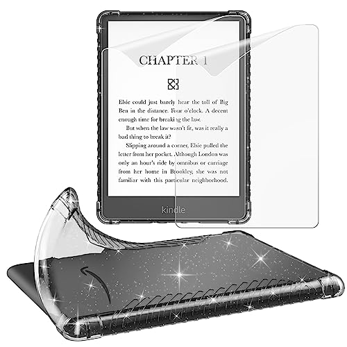 MoKo Clear Glitter Case & 2Pack Screen Protector for 6.8' Kindle Paperwhite(11th Generation-2021) and Kindle Paperwhite Signature Edition, Slim Soft TPU Case with Anti-Glare PET Matte Protective Film