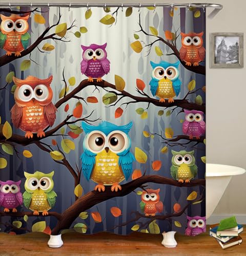 KEYAO DECOR Owl Shower Curtains Set, Cartoon Cute Animal Standing on Branch