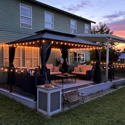 PURPLE LEAF Tonnelle de Jardin Extérieur Aluminium 4,25 x 3 m avec Guirlande Lumineuse, Pergola Jardin à Double Toit Rigide en Acier Galvanisé, Pavillon avec Rideaux...