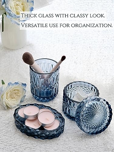 Blue Bathroom Accessories Set, 5Pcs Clear Glass Bathroom Accessories, Hand Soap Dispenser, Soap Dish, Toothbrush Holder Set, Qtips Holder for Crystal Vintage Bath Countertop Decor, Gift Set