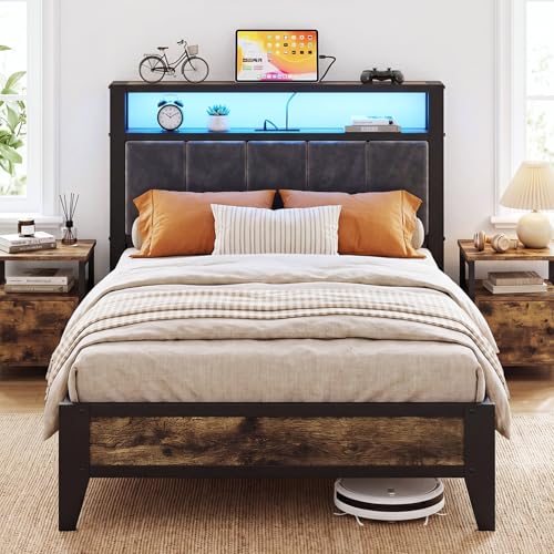 Image of OLEVS Twin Bed Frame with LED Light Storage Headboard and Charging Station Type C, Metal Platform Bed Twin Size,No Box Spring Needed, Noise Free, Easy Assembly