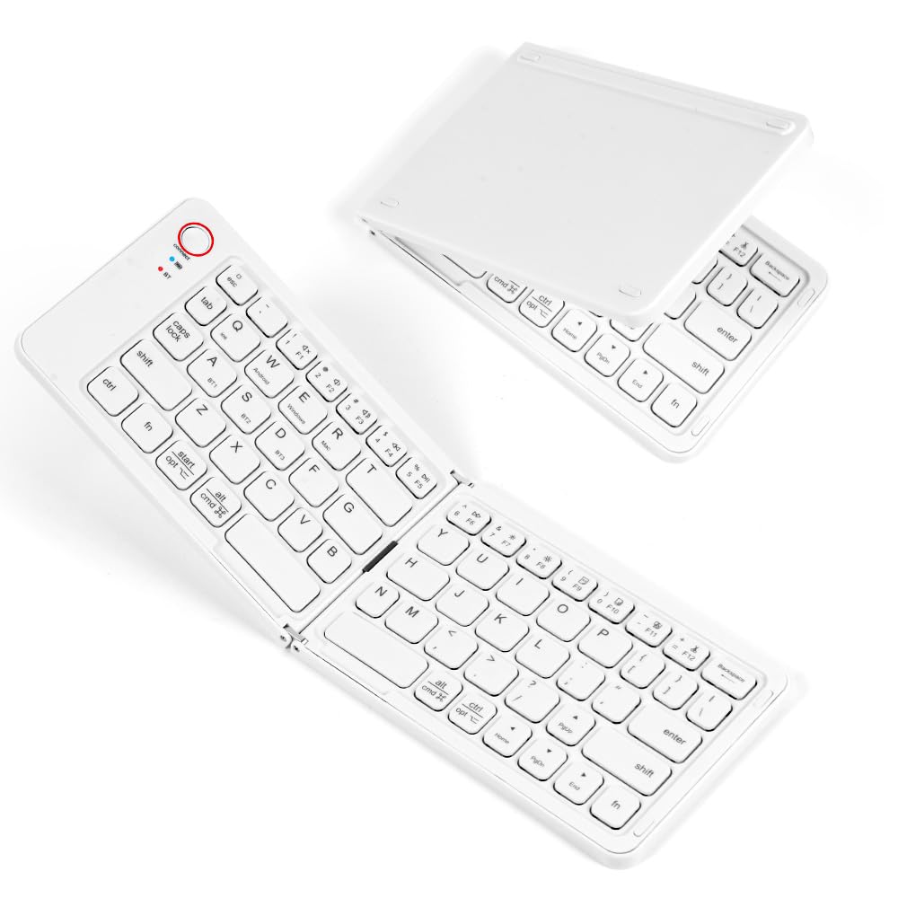 Aolso Faltbare Tastatur Klappbar, Wiederaufladbare kabellose Mini-Tastatur für iOS, Android, Windows, QWERTZ, Tragbare Funktastatur im Taschenformat für iPad, Smartphone, PC, Laptop - Weiß