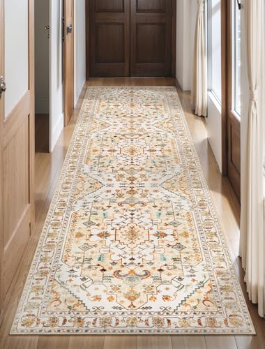 SERISSA Boho Washable Runner Rug, 2'6"x8' Rug Runner Non-Slip Vintage Light Yellow Hallway Kitchen Runner Rug Ultra Soft Print Distressed Floor Carpet Runner for Bedroom Bathroom Laundry Room