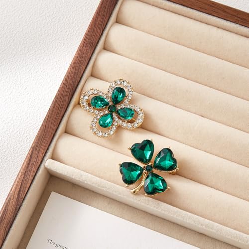 Image of Rhinestone Clover Leaf Brooch Pin, Green Four Leaf Clover Pin Shamrock Lapel Pin, Gold Plated Vintage Crystal Flower Brooches