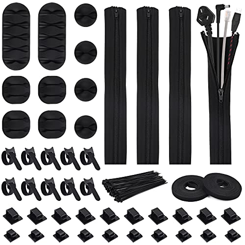 146pcs Cable Management Organizer Kit - 4 Cable Sleeve with Zipper,20 Self-adhesive Cable Ties,10 Cable Clips,10 Cable Straps,2 Rolls of Self Adhesive Ties,100 Fastening Cable Zip Ties for Office/Home