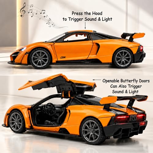 Image of GRAPHENE 1:32 Scale Diecast Pullback Metal Toy Car for Boys High Speed Friction Premium Realistic Model Sports Car Miniature Openable Doors Trunk Light Music Best Gift for Boys Girls for 2+ (Orange)