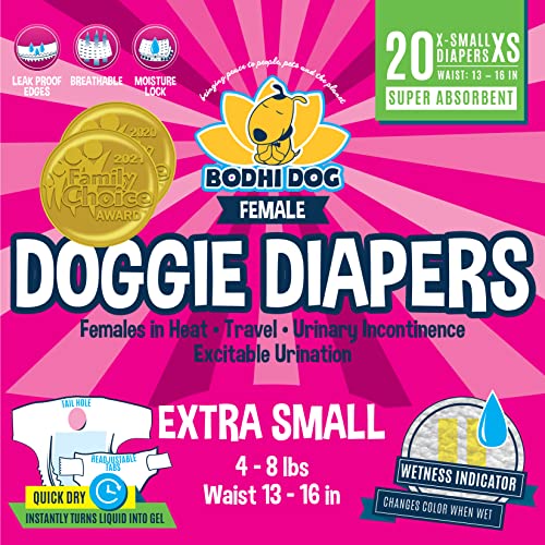 Bodhi Dog Disposable Female Dog Diapers - Super Absorbent Dog Diapers for Female Heat Cycle - Adjustable Fit Pee Wraps for Potty Training, Moisture Control & Wetness Indicator - Extra Small (20 Count)