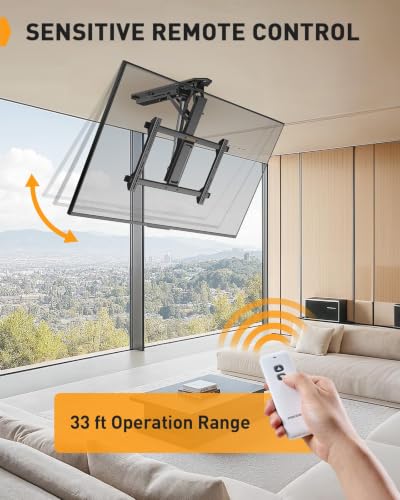 Image of Perlegear Electric Ceiling TV Mount with Remote for 32-70 inch Flat and Curved Screen TVs up to 88 lbs, Max VESA 600x400, Motorized TV Ceiling Mount Flip Down for Flat Roof, Drop Down Ceiling Mount