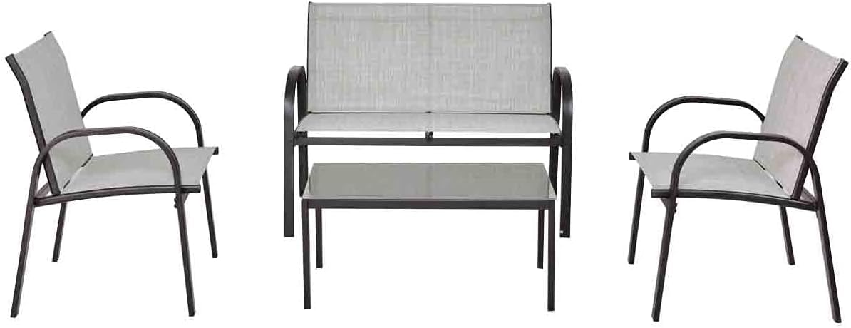 GOPLUS Conjunto de Muebles de Jardín 4 Piezas, 1 Mesa de Centro, 1 Sofá y 2 Sillones con Apoyabrazos Lisos, Tela de Malla, para Jardin, Piscina, Terraza, Patio (Gris)