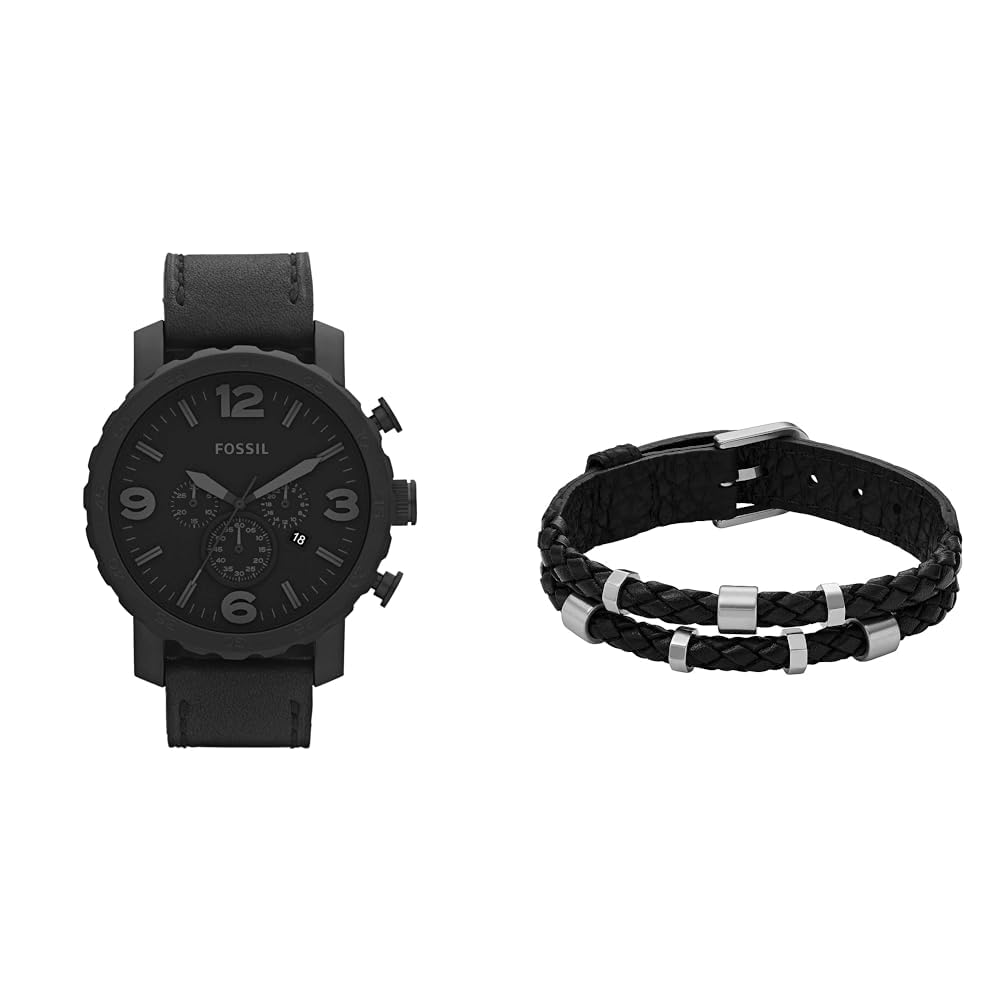 FOSSIL Herren Nate Schwarze Lederuhr und Bronson Silberfarbener Edelstahl Armband, Set