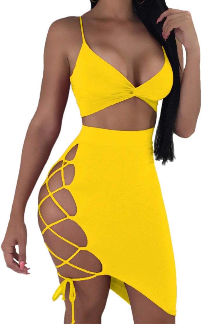 Women's Sexy Sleeveless Bodycon Club Mini Dress 2024 Summer Spaghetti Strap Cut Out Two Piece Skirt Sets - Image 4
