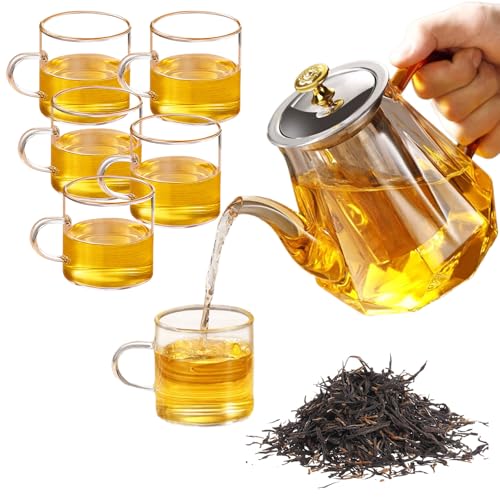 VGECEE Teiera in Vetro 1000ml con 6 Tazze, Teiera Vetro con Infusore Teiere in Vetri Borosilicato Teiere con Filtro in Acciaio Inox 304 Resistente al Calore Senza gocciolamento Compatibile Fornelli