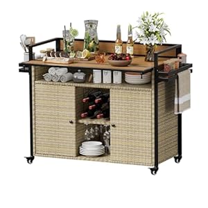 XL Outdoor Kitchen Wicker Rolling Bar Cart with Storage Cabinet & Extended Plastic Wood Table Top, Kitchen Island on Wheels for Patio Backyard Garden Poolside, Double Handle Design, Brown XL Outdoor Kitchen Wicker Rolling Bar Cart with Storage Cabinet Extended Plastic Wood Table Top Kitchen Island on Wheels for Patio Backyard Garden Poolside Double Handle Design Brown