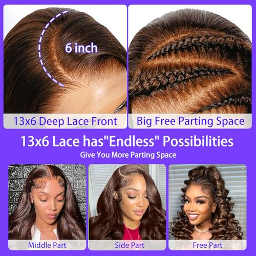A8 Chocolate Brown Human Hair Wig 200 Density 13X6 Body Wave Lace Front Wigs Human Hair HD Frontal Wigs Pre Plucked Glueless Brown Lace Front Wig for Women 26 Inch - Image 3