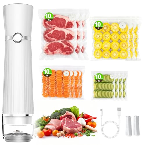 Vacuum Sealer for Food (Compact Vacuum Sealer Machine + 40 Reusable Vacuum Bags), Handheld Vacuum Food saver for 10X Preservation & Fresh, Powerful 80Kpa Portable Vacuum Sealer With 2 Seal Clips