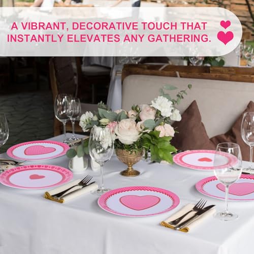 Conjunto de 12 peças de pratos de jantar de melamina com corações do amor, pratos rosa inquebráveis de 25 cm para casamentos, dia dos namorados e aniversários, conjunto de utensílios de mesa leves e
