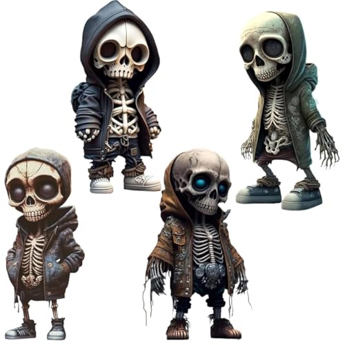 Claofoc Figuras de esqueleto geniales, 4 unidades, decoración de Halloween, terror, esculturas góticas, minifiguras de calavera, figuras de resina, artesanías, estatuas steampunk para el hogar, la