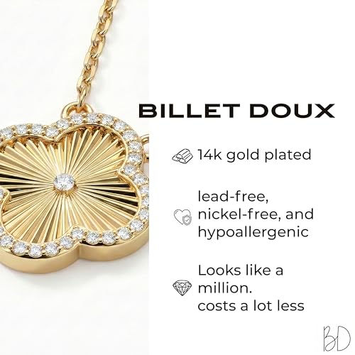 Image of Billet-doux 14k Gold-Plated Clover Necklace for Women, Sparkling Four-Leaf Shiny Clover Pendant with Dazzling Pave CZ Halo, Adjustable Size, Trendy Jewelry Gifts Perfect for Her