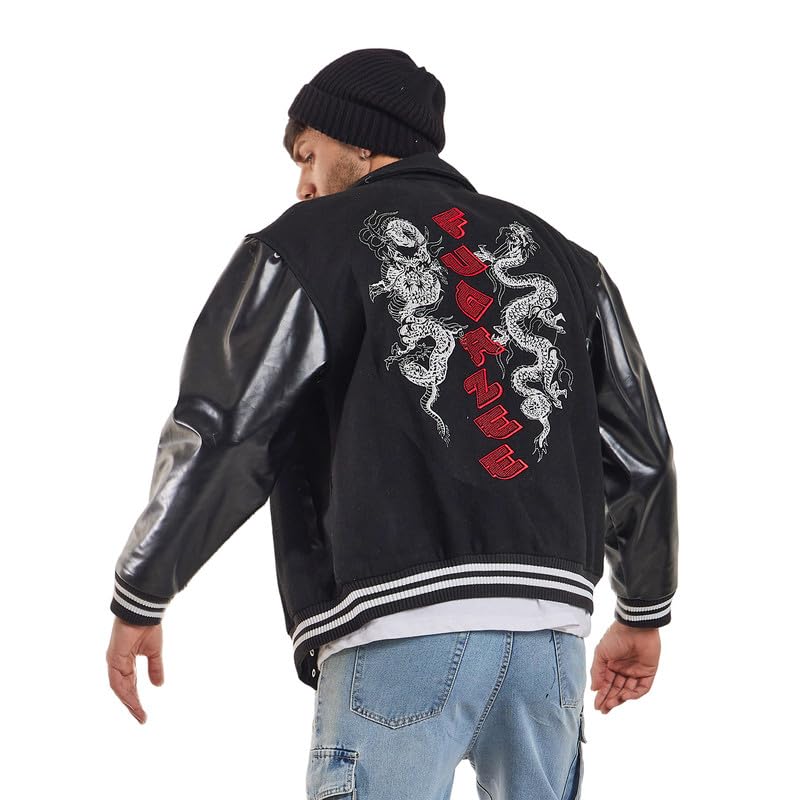 FUGAZEE Black Dragon Embroidery Varsity Jacket for Men | Wool & PU