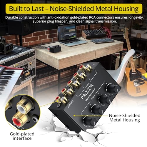 Image of PROZOR 4-Channel Stereo Audio Mixer, RCA Input with Independent Volume Controls, Metal Housing, Ultra Low Noise, for TV /PC Mixing, Home Studios, DJ Performances - No Power Required, Plug and Play