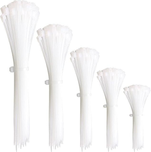 Oksdown 300 Pieces White Nylon Cable Ties Mixed Pack Heavy Duty Strong Self Locking Long Plastic Clear Zip Tie Wraps Assorted Sizes 100/150/200/250/300mm Length 4/6/8/10/12 Inch, 2.5/3.6mm Width