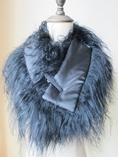 hand-made Women Real Mongolia Lamb Hair Scarf with Clip Collar (Black)3