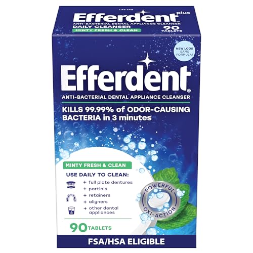 Efferdent Denture Cleaner Minty Fresh & Clean, Retainer Cleaning Tablets for Aligners, Dentures, and Dental Appliances, 90 Count