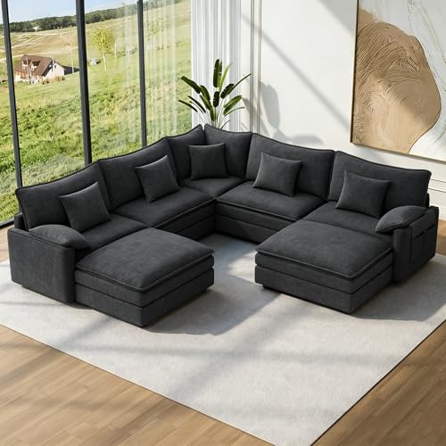 Image of Vesgantti 101 inch V-Shaped Corner Couch Sectional, 7 Seat Customizable Modular Cloud Couches with Movable Ottoman, Chenille Deep Seat Sofa Set with Chaise for Living Room, Bedroom and Apartment, Gray