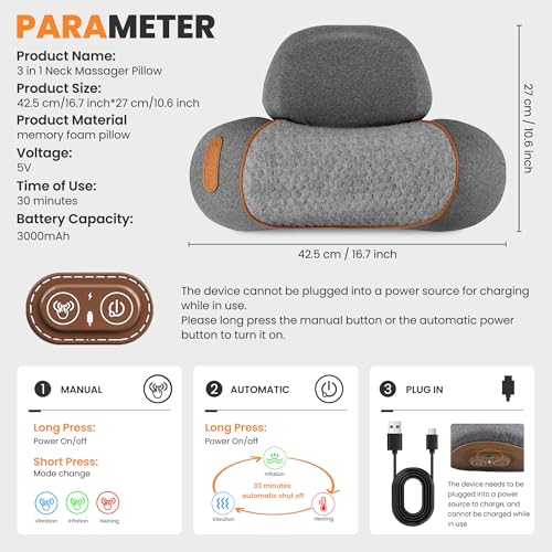 3-in-1 Rechargeable Neck Massager Pillow - Pillow Massage Neck Hump for Shoulder Pain, Deep Tissue Pain Relief, with Heating and Traction Function, Hump Corrector for Women