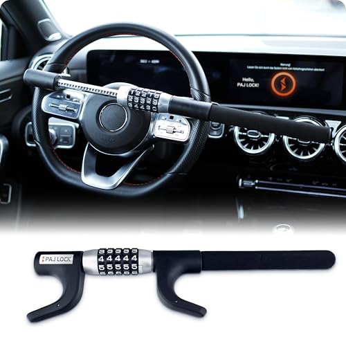 PAJ LOCK Bloqueo de Volante Universal para Coches, SUV, Furgonetas y Camiones – Cepo de Volante Ajustable, Antirrobo Mecánico con Código 5 Dígitos, Martillo de Emergencia