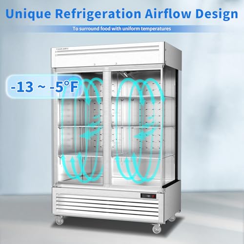 Image of Coolake 54 inch W Commercial Freezer, 49 Cu Ft Solid Door Upright Freezer with 8 Adjustable Shelves, -13F ~ -5F, Frost-free Stainless Steel Industrial Reach-in Freezer for School Restaurant Prep Kitchen