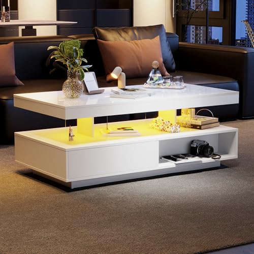 LINKHOO Table De Salon, Table Basse Blanche Brillante 95x50x42,5 cm - avec 4 Plateaux en Verre, 2 tiroirs et 2 Compartiments Ouverts, Meuble Bas de Salon,...